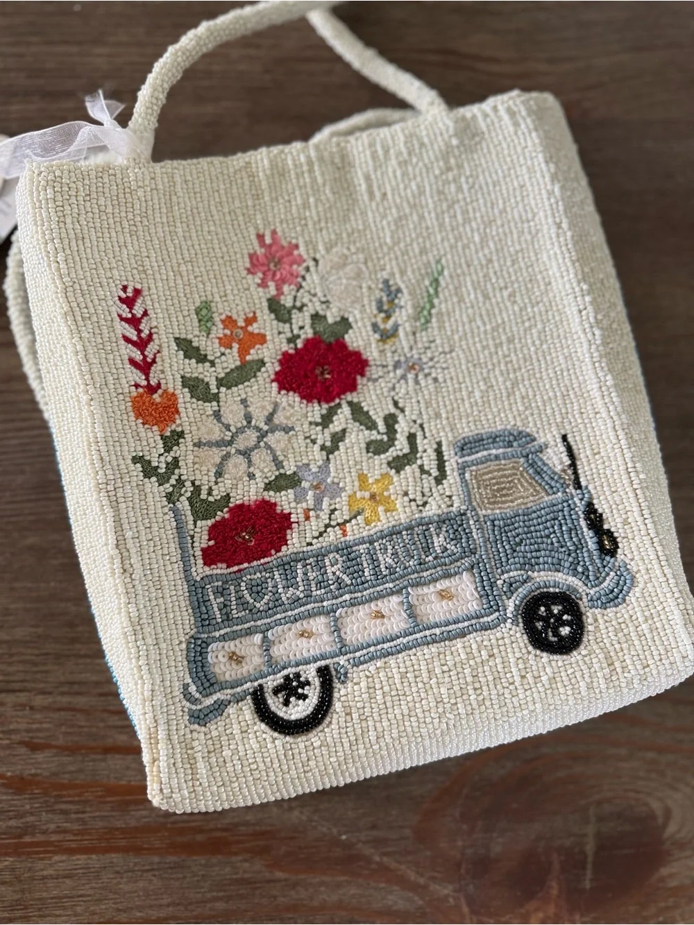 Cream Beaded Tote with Blue Flower Truck Design